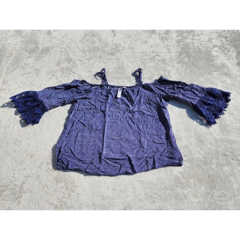 Alya Womens Size Small Cold Shoulder Blue Blouse Blue Top Embroidered 3/4 Sleeve